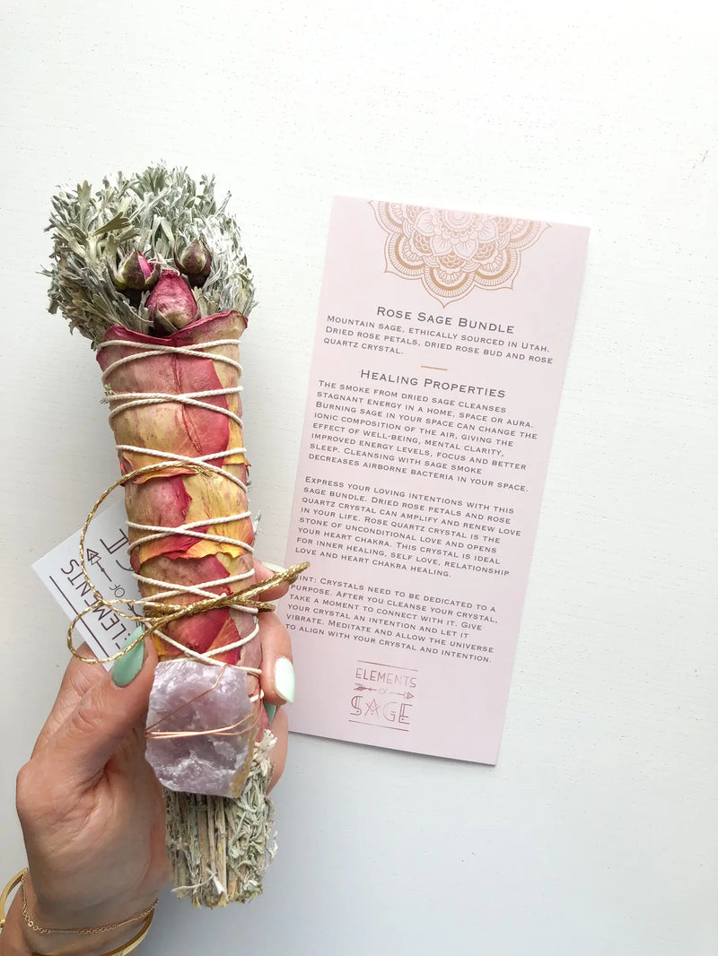 Sage Bundle Large Rose & Crystal with Info Card