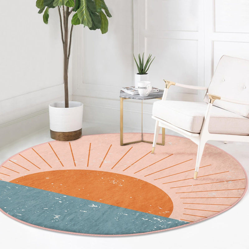 Sunrise Patterned Round Rug, Boho Style Decorative Circle Carpet,