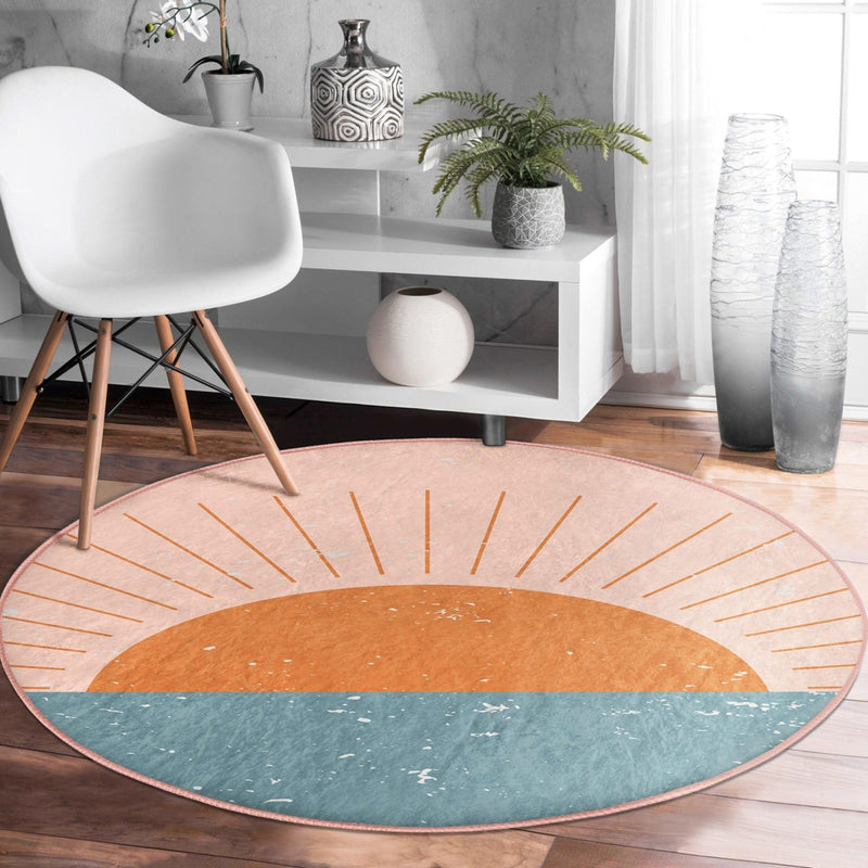 Sunrise Patterned Round Rug, Boho Style Decorative Circle Carpet,