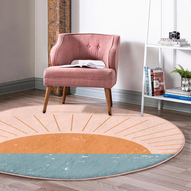 Sunrise Patterned Round Rug, Boho Style Decorative Circle Carpet,