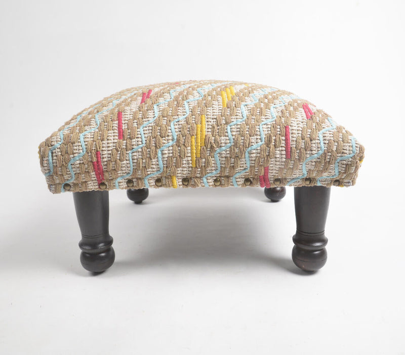 Upholstered & Embroidered Cotton & Wood Stool