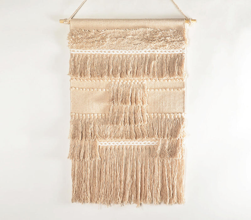 Handwoven Cotton Beige Fringed Wall Hanging