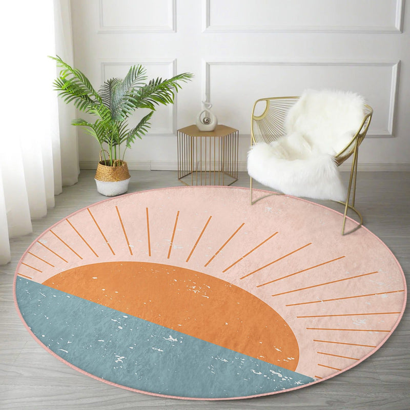 Sunrise Patterned Round Rug, Boho Style Decorative Circle Carpet,