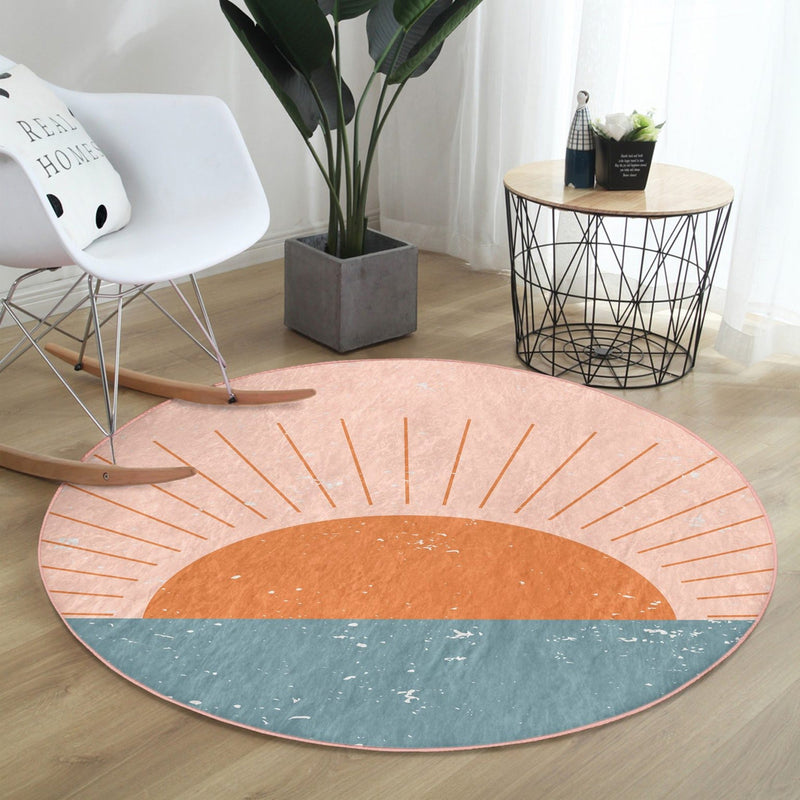 Sunrise Patterned Round Rug, Boho Style Decorative Circle Carpet,