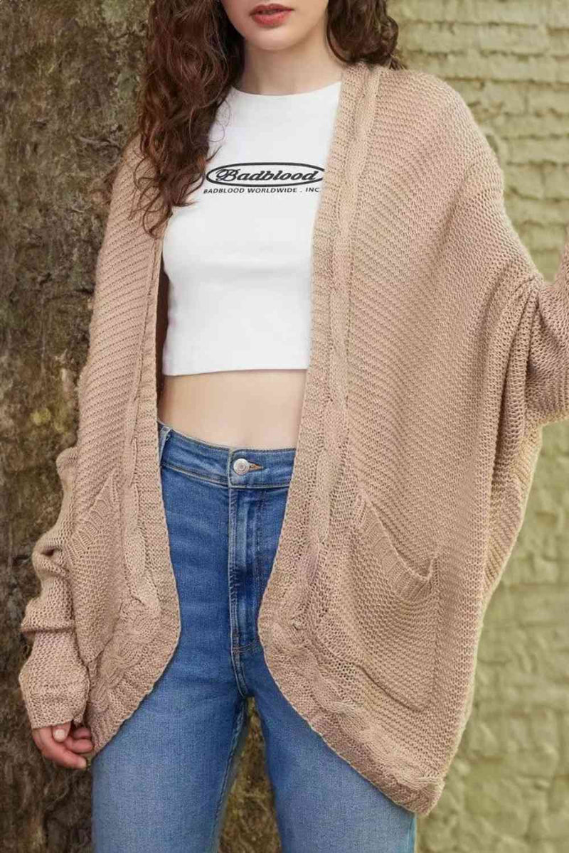 Cable-Knit Open Front Cardigan with Pockets