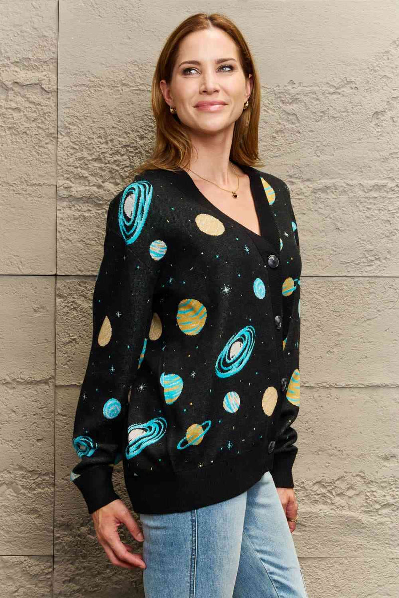 Woven Right Full Size Long Sleeve Space Graphic Cardigan