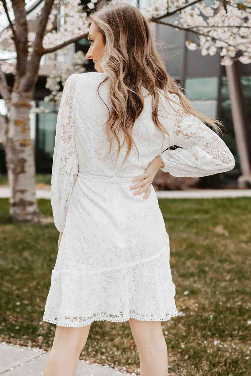 Pompom Trim Puff Sleeve Belted Lace Dress