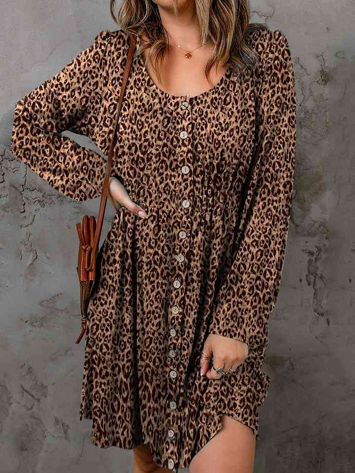 Full Size Leopard Round Neck Long Sleeve Magic Dress