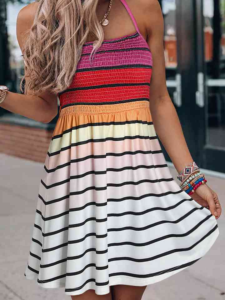 Smocked Sleeveless Striped Mini Dress