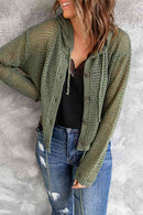 Button-Up Drawstring Detail Openwork Hooded Cardigan