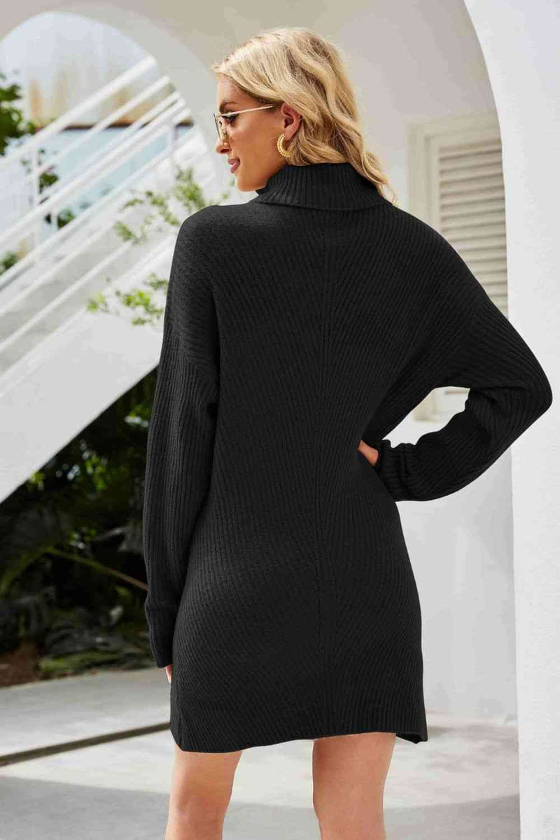 Double Take Rib-Knit Turtleneck Drop Shoulder Sweater Dress