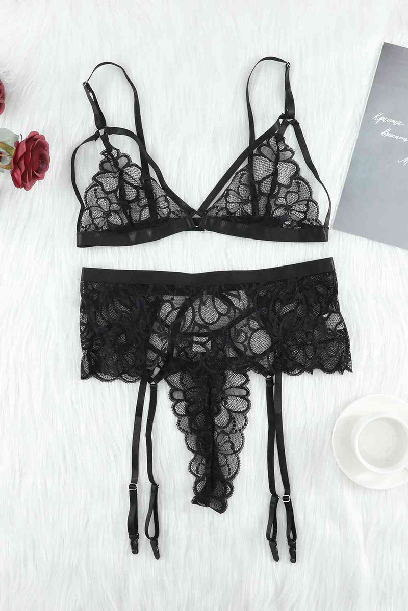 Strappy Three-Piece Lace Lingerie Set