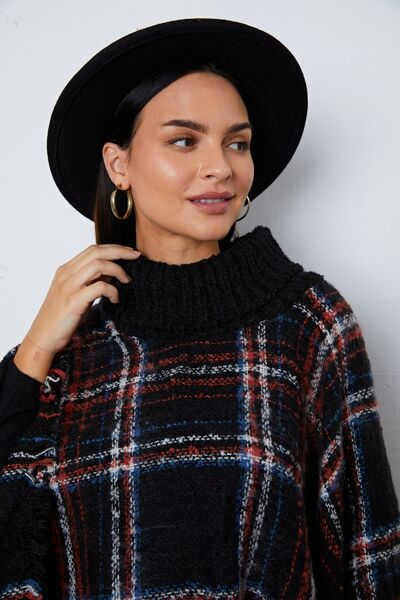 Turtleneck Plaid Raw Hem Sweater