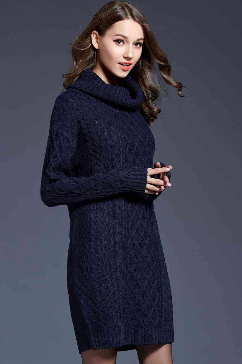 Woven Right Full Size Mixed Knit Cowl Neck Dropped Shoulder Sweater Dress