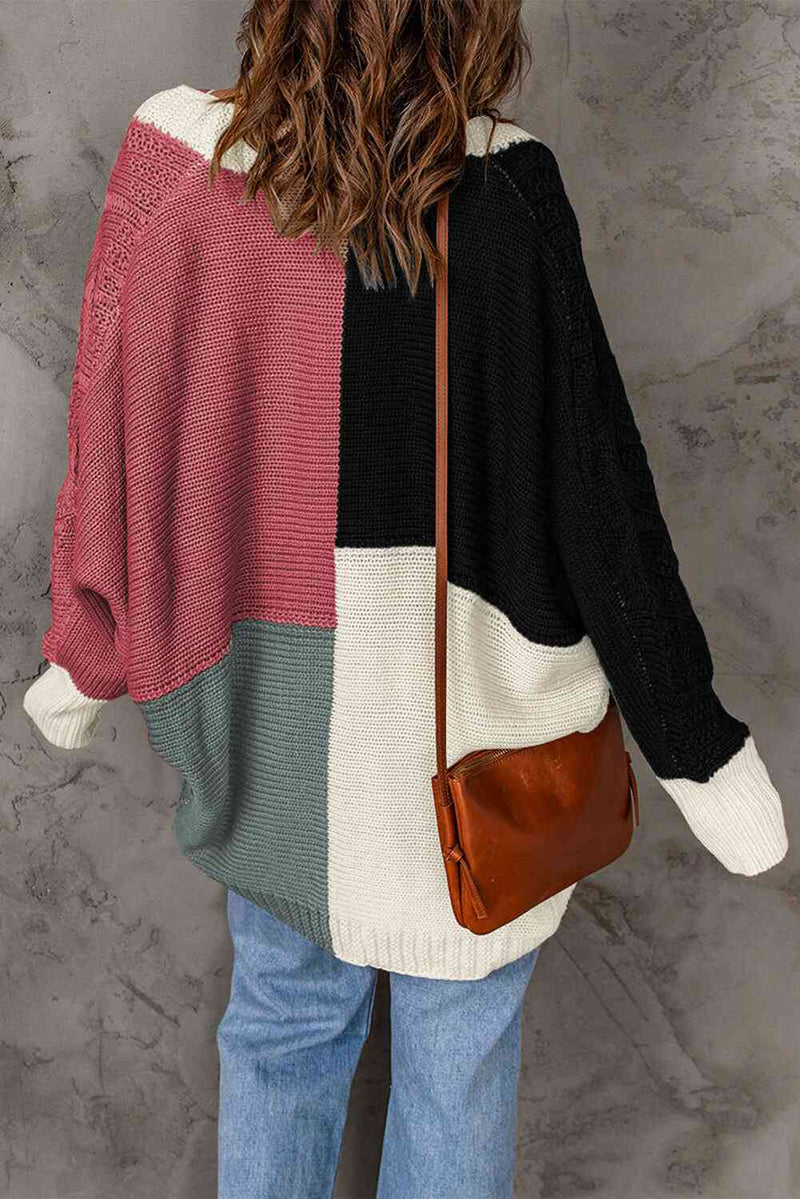 Woven Right Color Block Cable-Knit Batwing Sleeve Cardigan