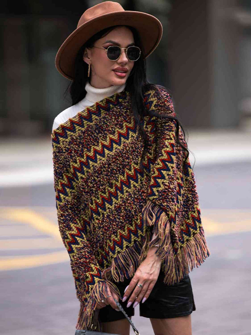 Fringe Hem Boat Neck Poncho