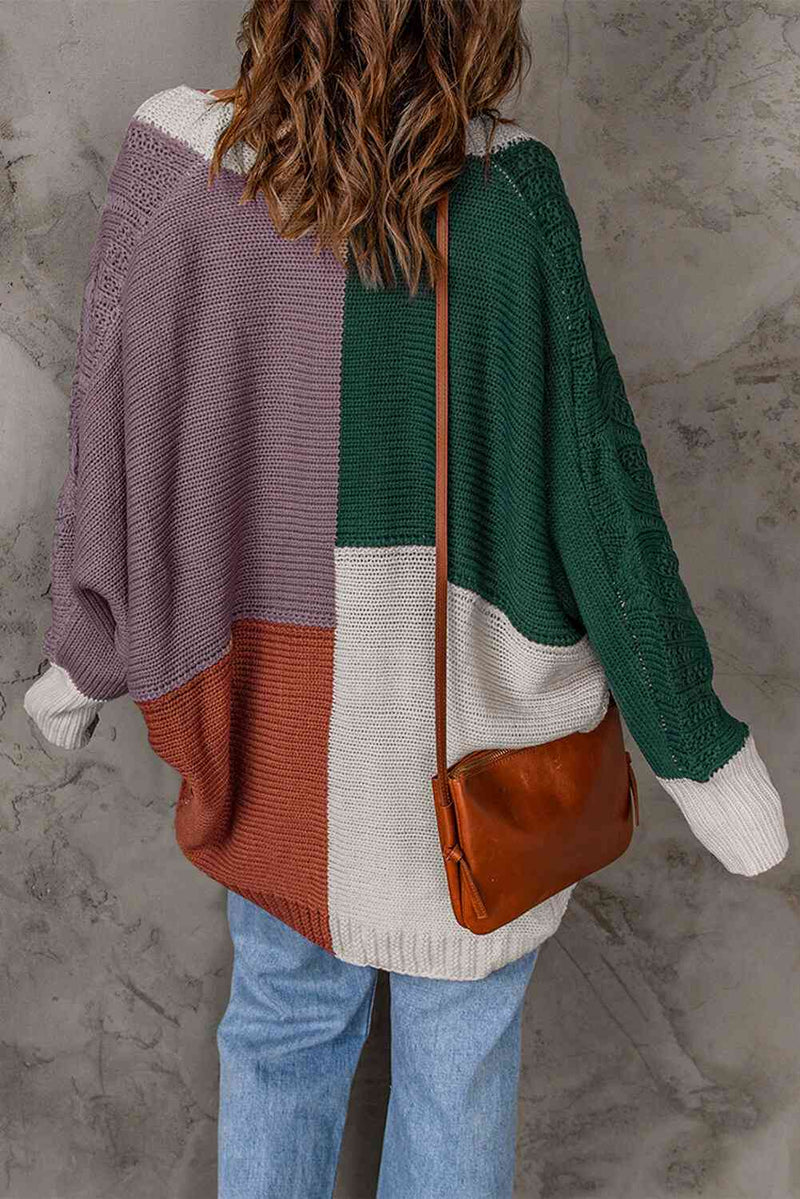 Woven Right Color Block Cable-Knit Batwing Sleeve Cardigan