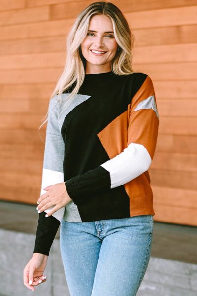 Color Block Mock Neck Sweater