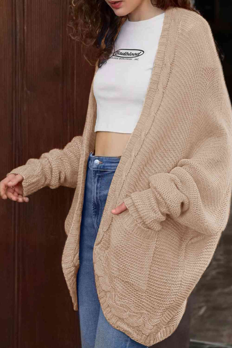 Cable-Knit Open Front Cardigan with Pockets