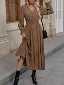 V-Neck Flounce Sleeve Ruffle Hem Dress
