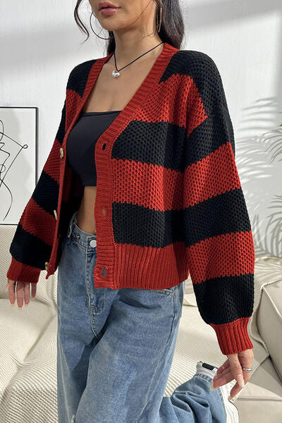 Striped Button Up Dropped Shoulder Cardigan