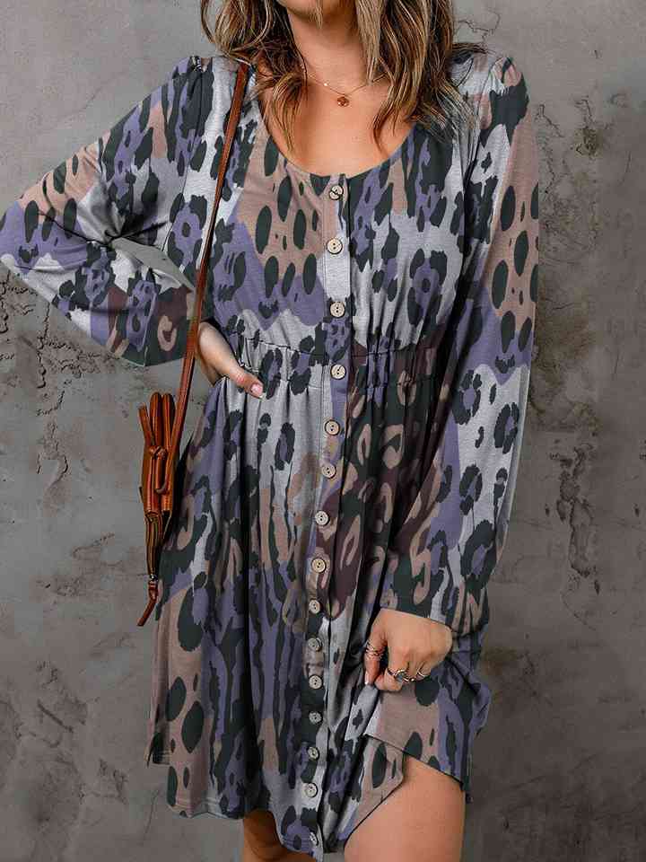 Full Size Printed Round Neck Long Sleeve Magic Dress