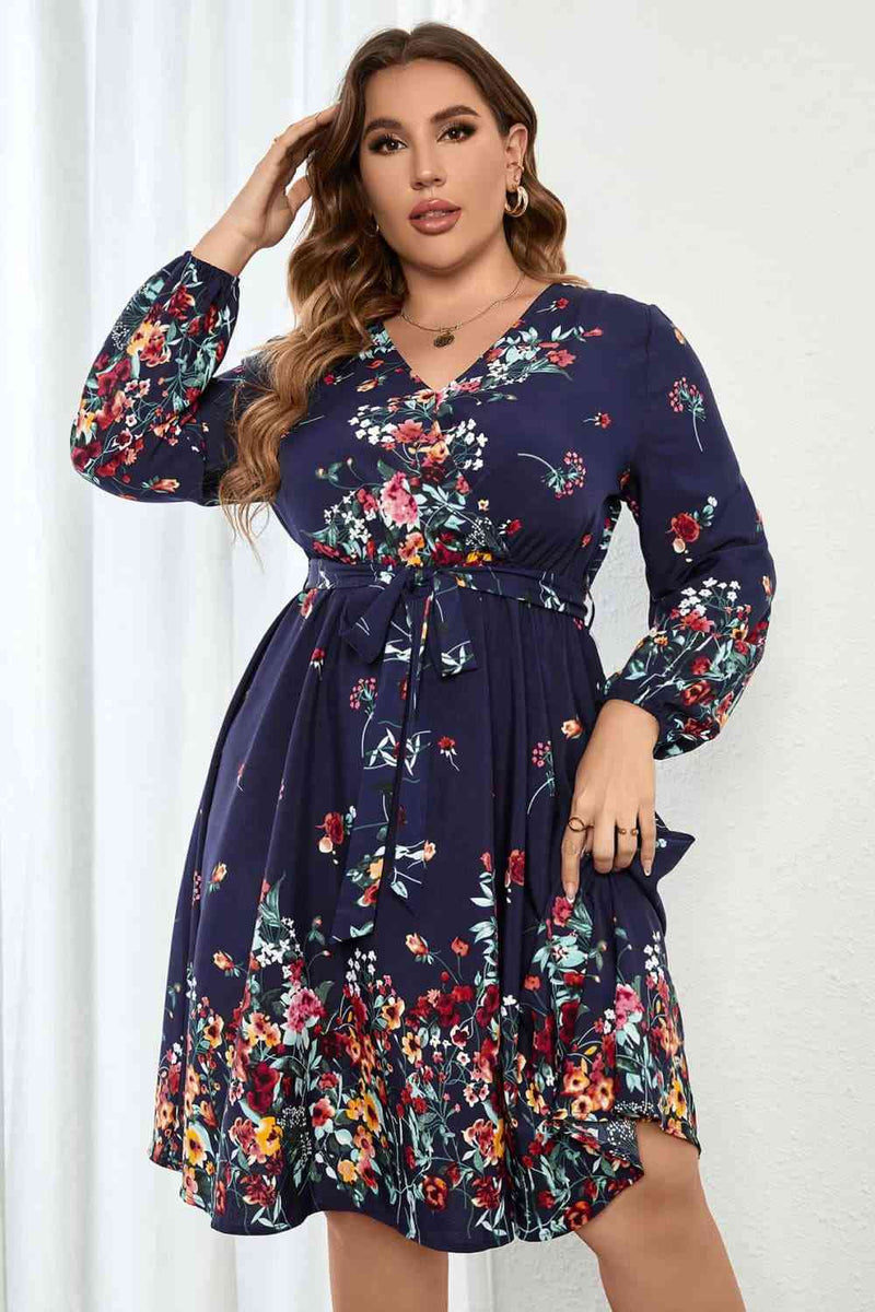 Melo Apparel Plus Size Floral Tie Waist Long Sleeve Dress