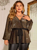 Plus Size Shiny Tie Waist Wrap Top