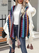 Striped Open Front Poncho with Tassels