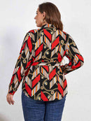 Plus Size Printed Collared Neck Tie Waist Long Sleeve Shirt