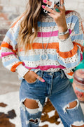 Openwork Striped Round Neck Long Sleeve Knit Top