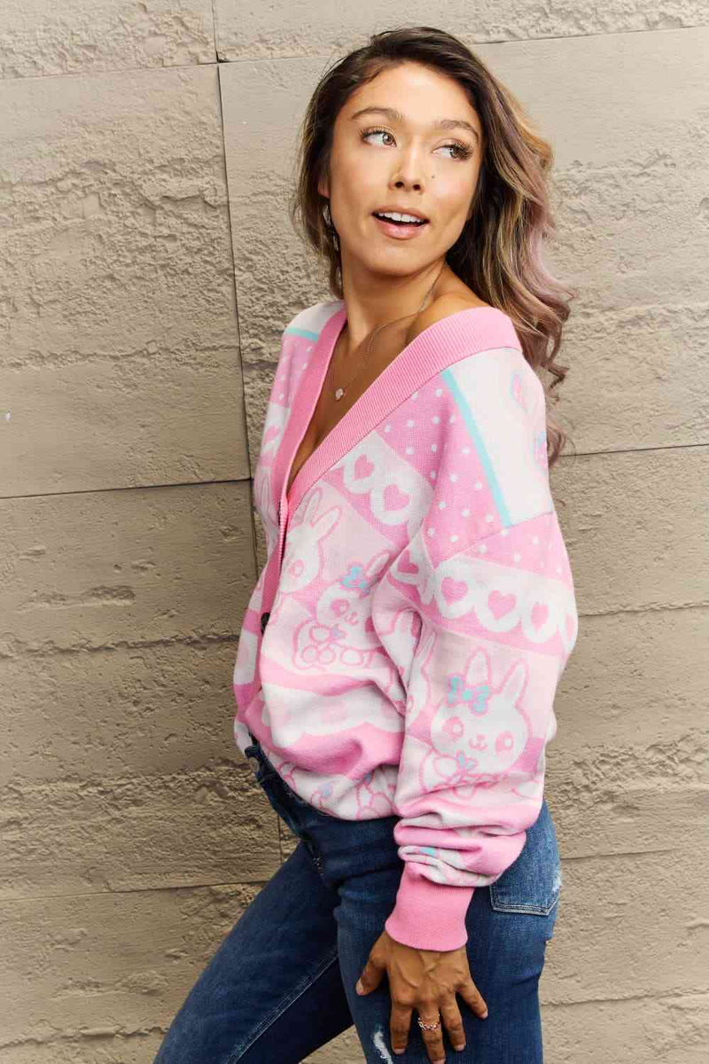 Woven Right Full Size Long Sleeve Rabbit Pattern Cardigan