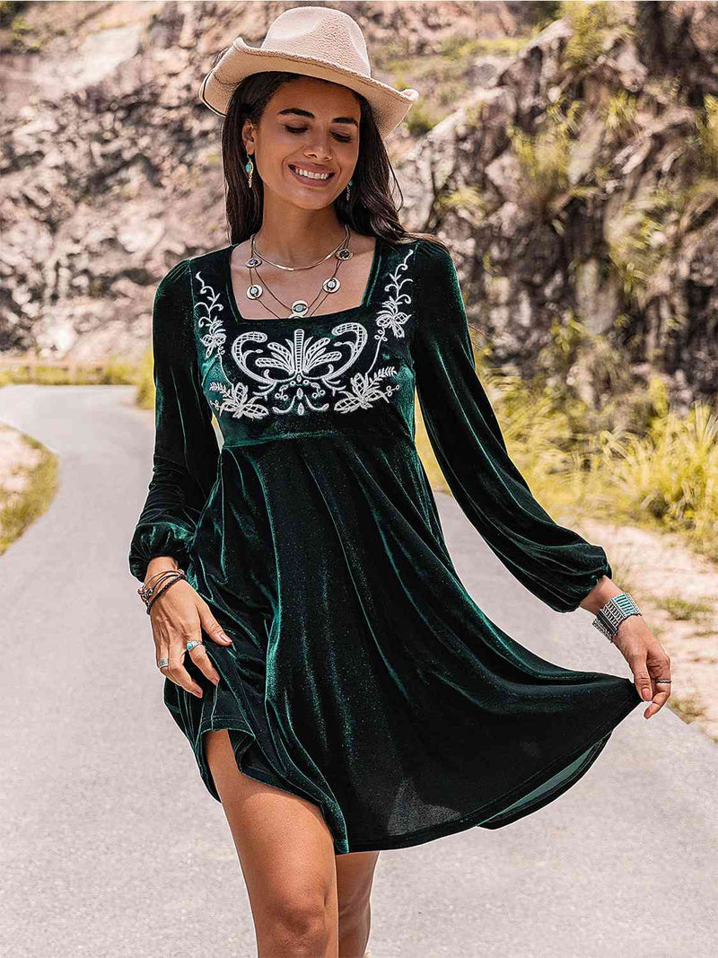 Embroidered Square Neck Long Sleeve Dress