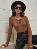 Textured Lace-Up V-Neck Long Sleeve T-Shirt