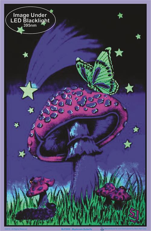 Black Ball Corp Mushroom Butterflies Black Light Poster - 23" X 35" - Darkest Hour Apparel