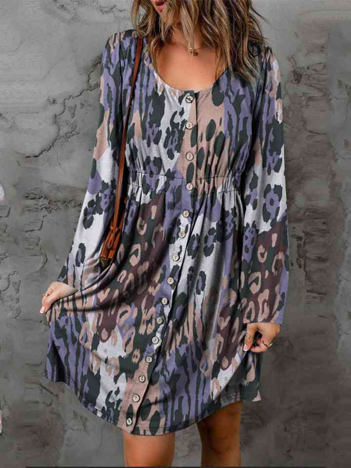 Full Size Printed Round Neck Long Sleeve Magic Dress