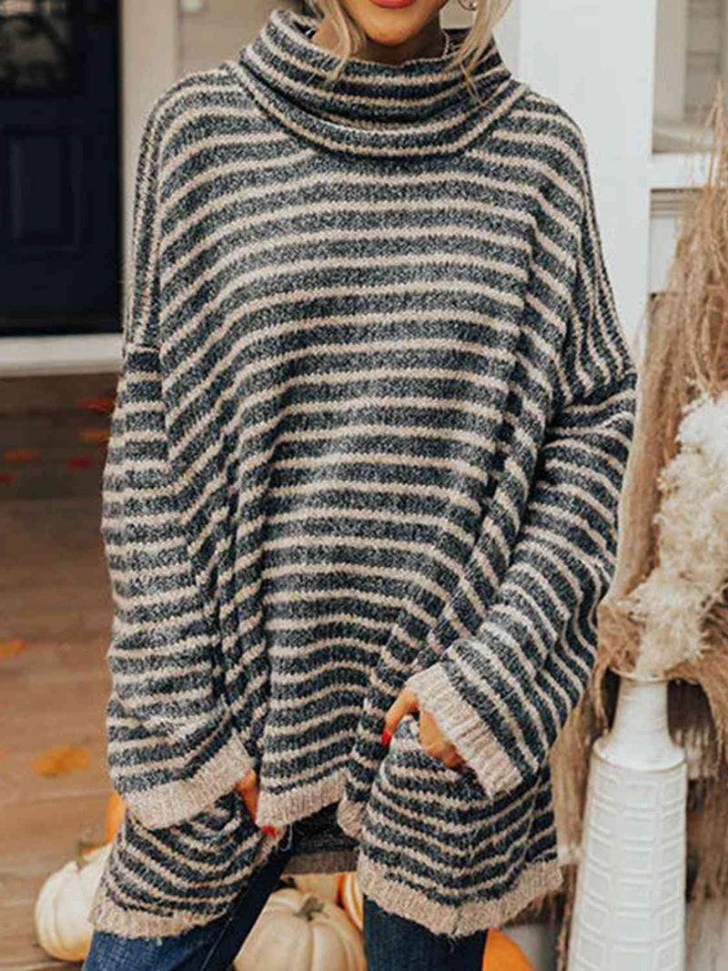 Striped Turtleneck Sweater with Pockets