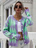 Woven Right Argyle Button Front Drop Shoulder Cardigan