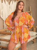 Plus Size Floral Tie Neck Balloon Sleeve Romper