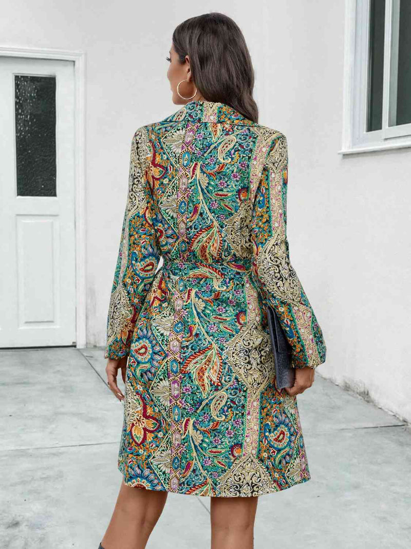 Printed Collared Neck Long Sleeve Dress