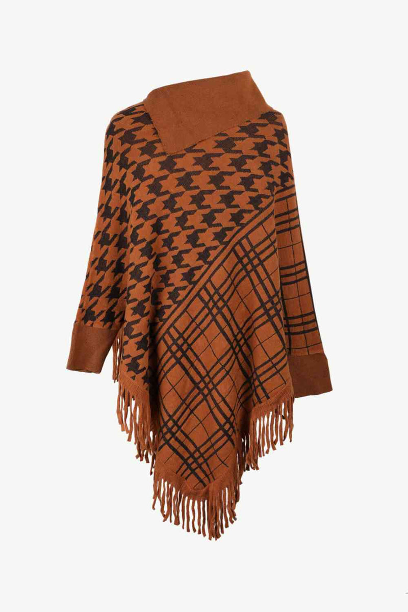 Houndstooth Turtleneck Fringe Hem Poncho