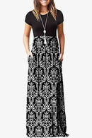 Full Size Printed Round Neck Short Sleeve Dress with Pockets