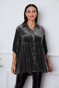 Velvet Tiered Button Up Collared Neck Shirt