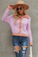 Contrast Collared Neck Cable-Knit Cardigan