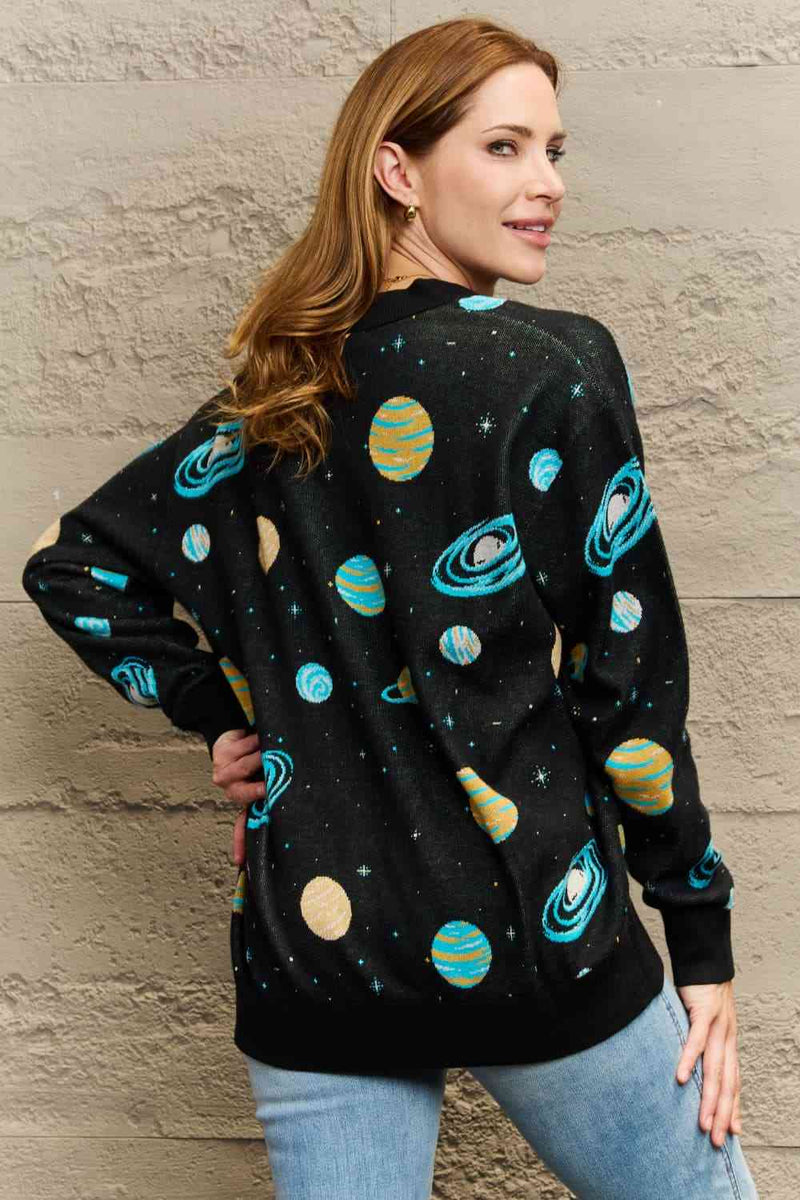 Woven Right Full Size Long Sleeve Space Graphic Cardigan