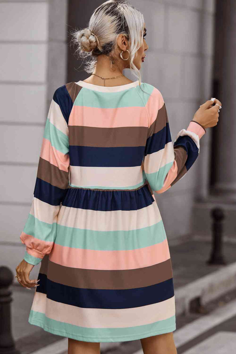 Striped Round Neck Dress with Pockets