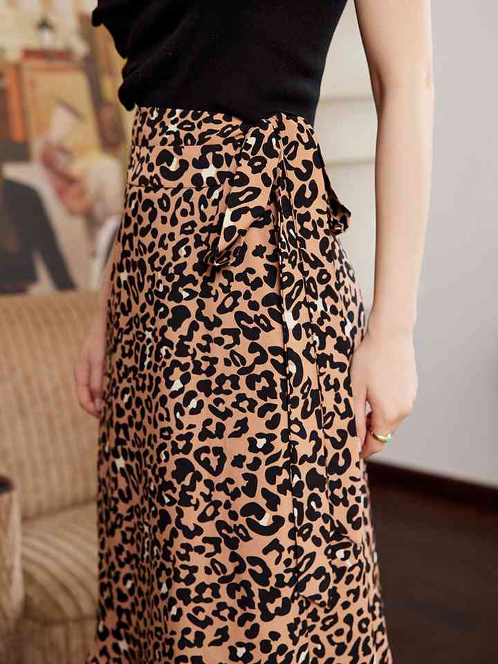 Leopard Ruffle Hem Midi Skirt