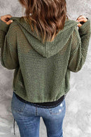 Button-Up Drawstring Detail Openwork Hooded Cardigan