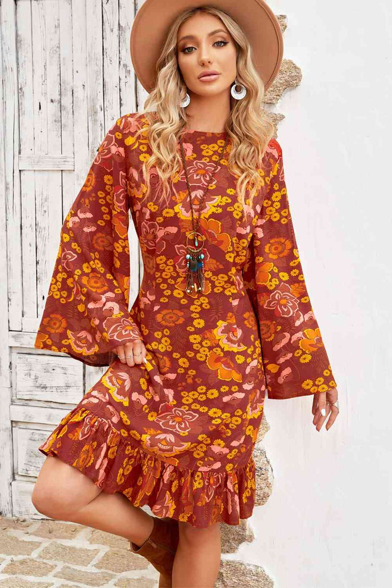 Floral Round Neck Flare Sleeve Dress