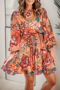 Tropical Print Tie Waist Lantern Sleeve Mini Dress